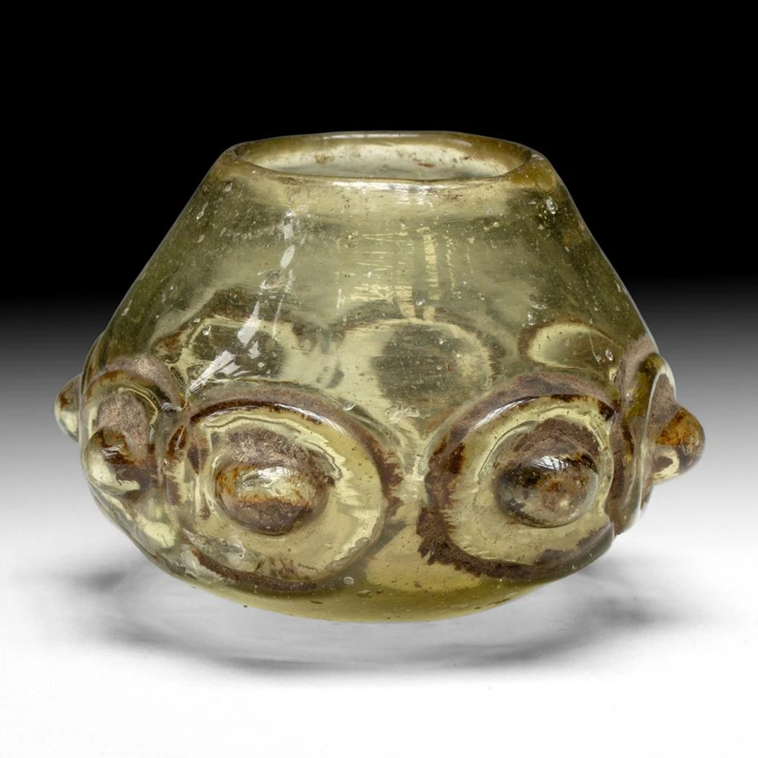 Byzantine or Fatimid Miniature Olive Green Glass Eye Jar with Bosses