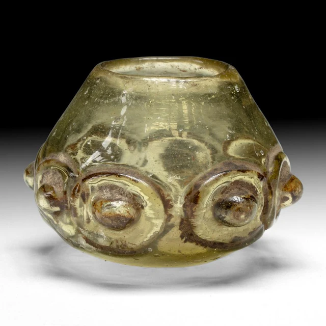 Byzantine or Fatimid Miniature Olive Green Glass Eye Jar with Bosses