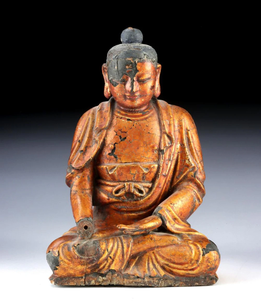 17th C. Ming / Qing Gilt Wood Buddha, XRF-Tested Gold