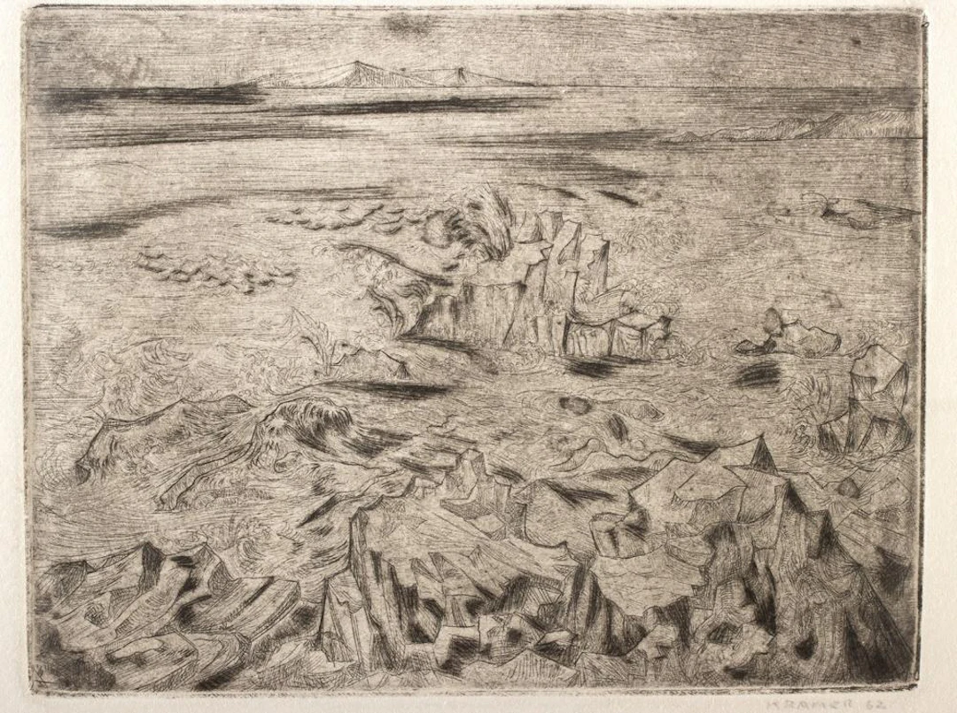 Edith Kramer Lithograph - Ocean & Rocks, Maine (1962)