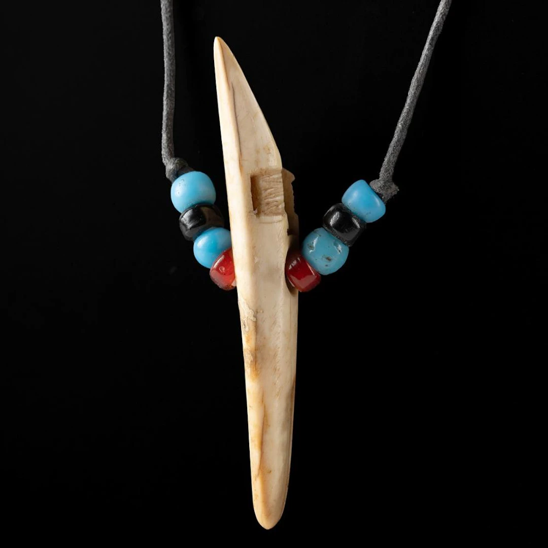 Necklace w/ Inuit Walrus Ivory Harpoon Head Pendant, White Heart Trade Beads