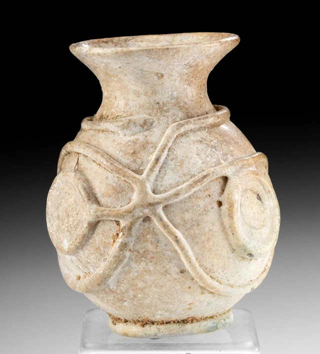 7th C. Sasanian / Islamic Glass Jar, Applied Trails