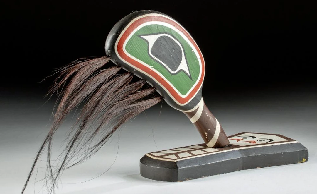 NWC Painted Wood Mussel Rattle by Leonard Scow