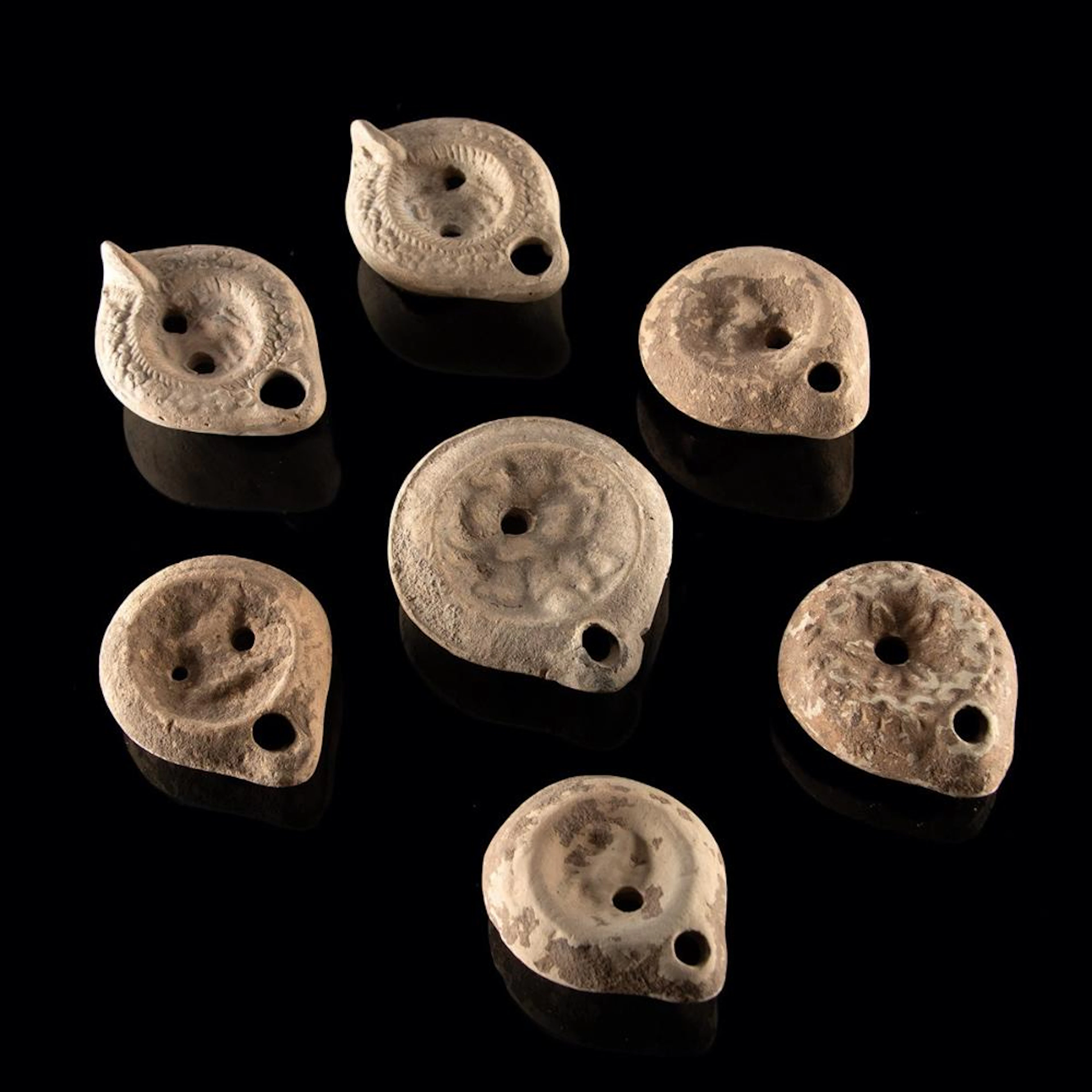 7 Holy Land Pottery Discoid Oil Lamps - Roman to Byzantine