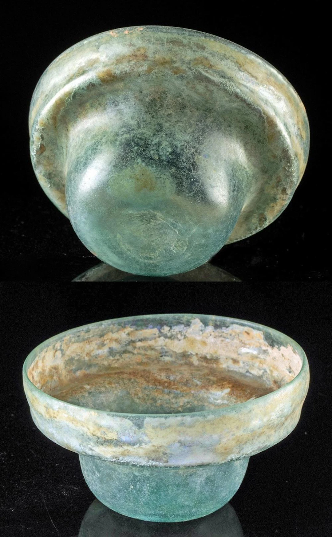 Ancient Roman Levant Aqua Glass Drinking Bowl, Hollow Rolled Rim