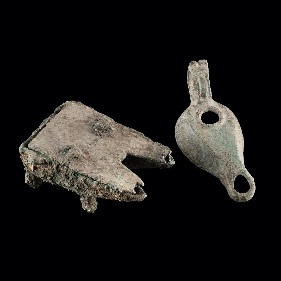 Byzantine Copper Alloy Oil Lamps - Pair, One Multi-Nozzle on Feet