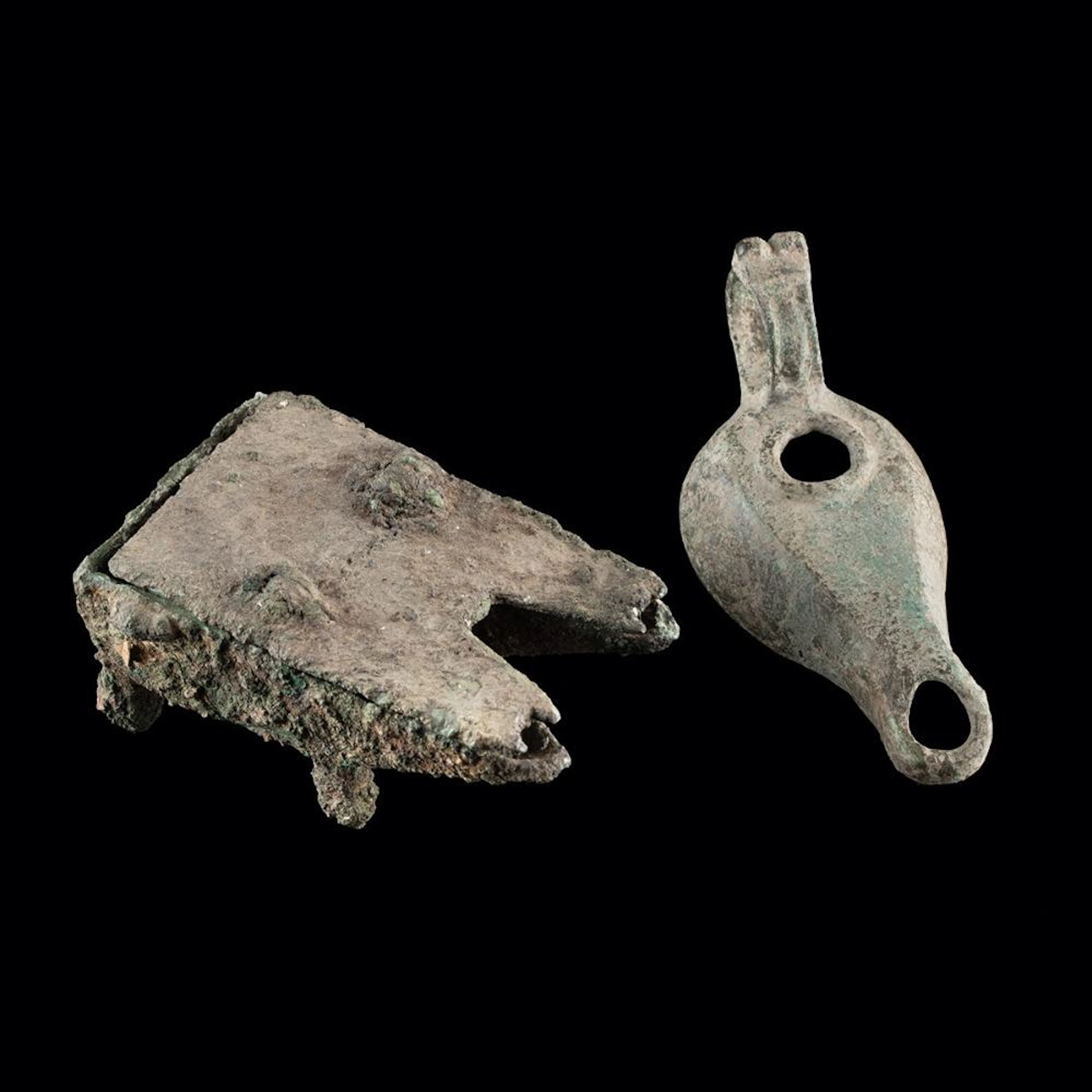 Byzantine Copper Alloy Oil Lamps - Pair, One Multi-Nozzle on Feet