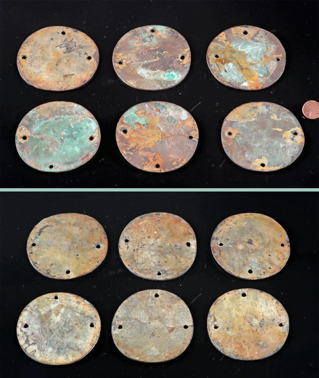 Six Large Chimu Gilt Copper Discs, Regalia Ornaments