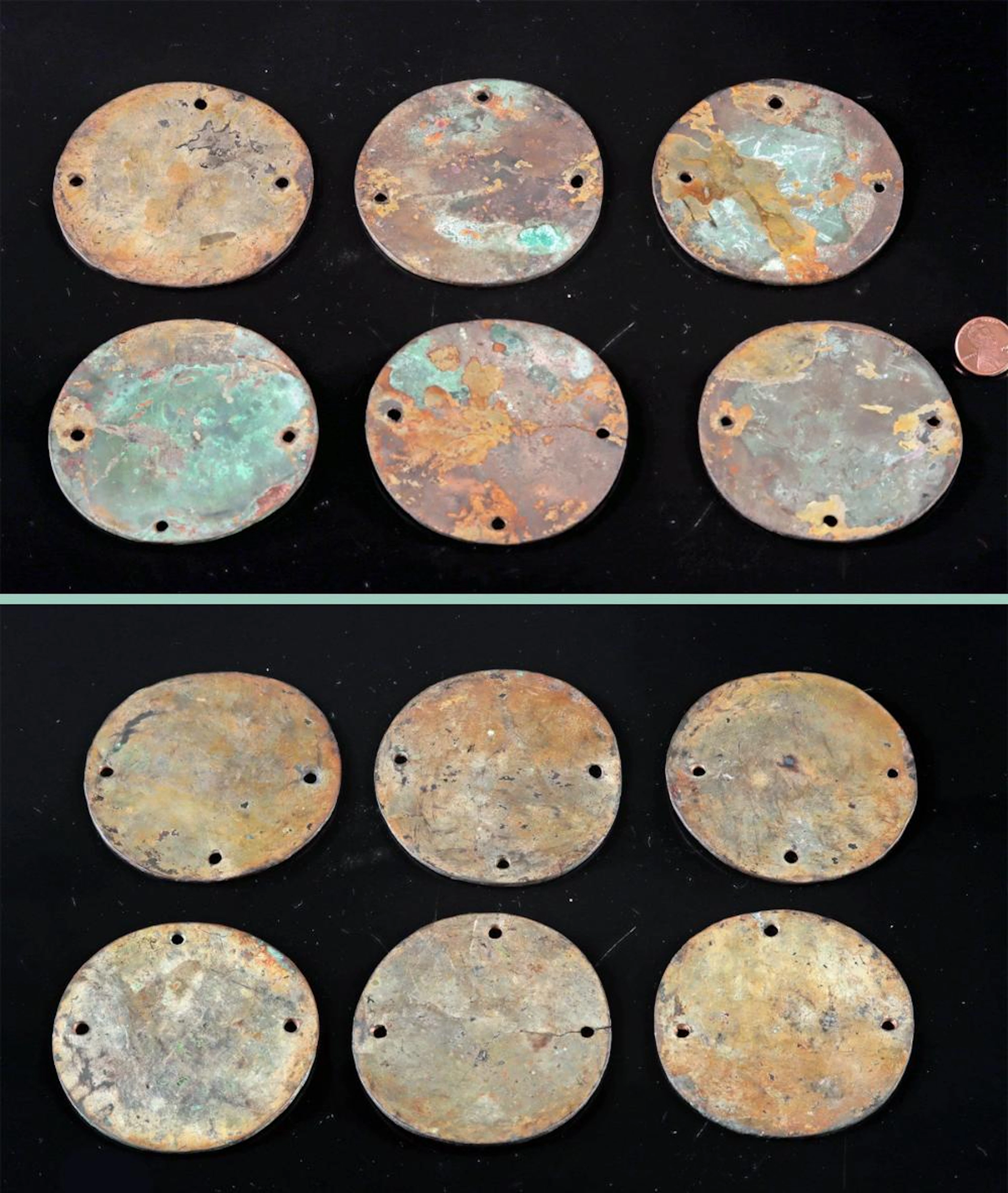 Six Large Chimu Gilt Copper Discs, Regalia Ornaments
