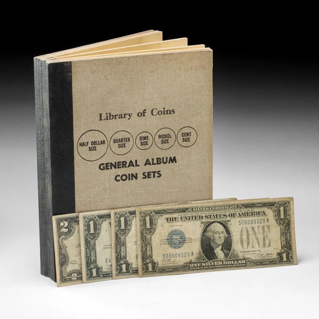 USA Library of Coins Album & $1 Silver Certificates & $2 Red Seal Note