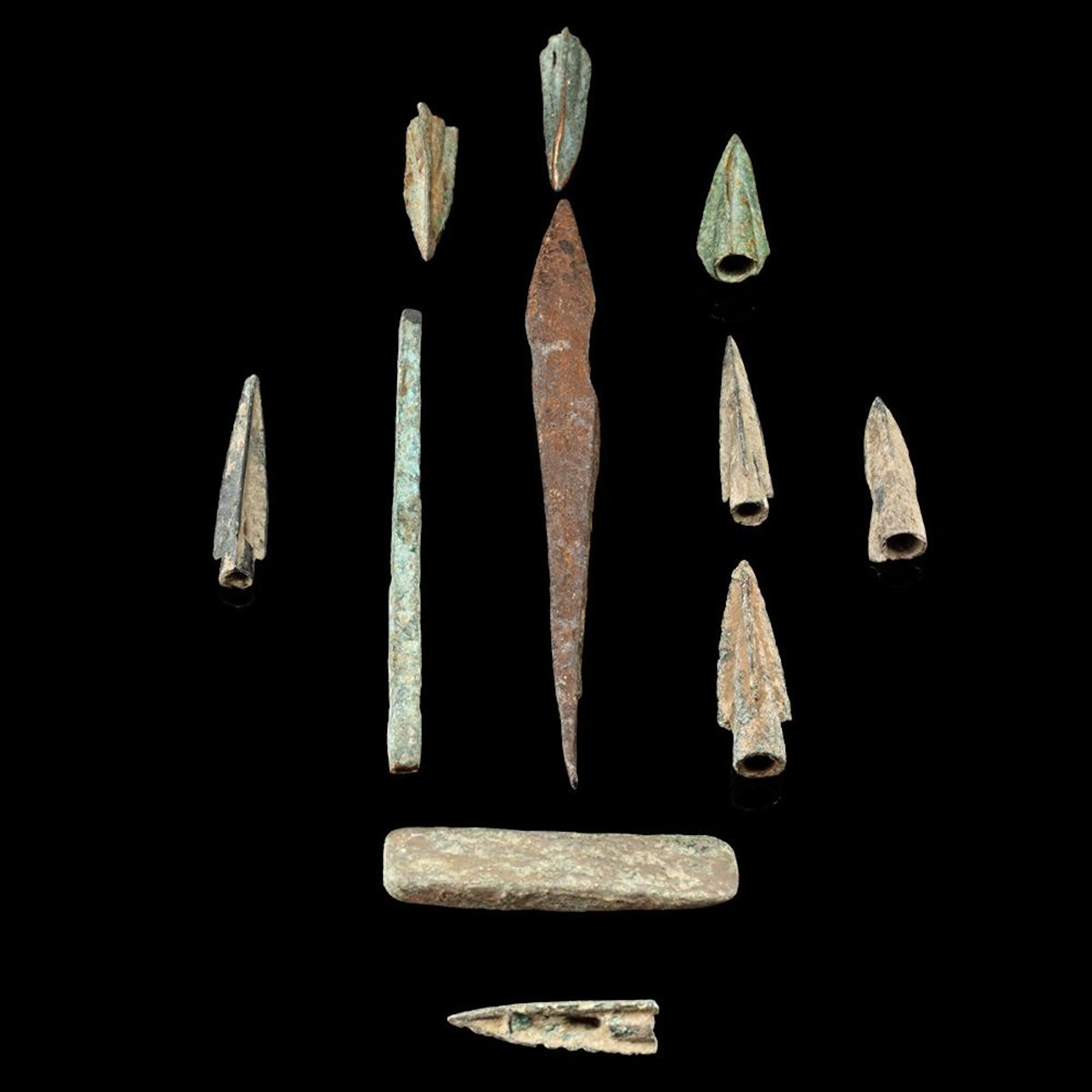 Eleven Near Eastern Socketed Arrowheads, Iron Age Point, Chisel, and Bar