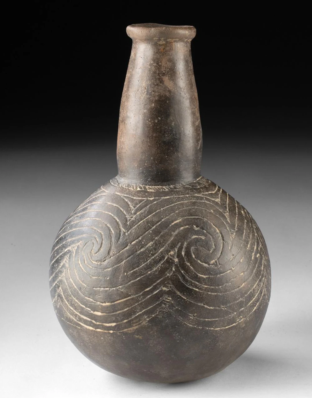 Caddo Pottery Water Bottle Gourd Form w/ Spiral Motif