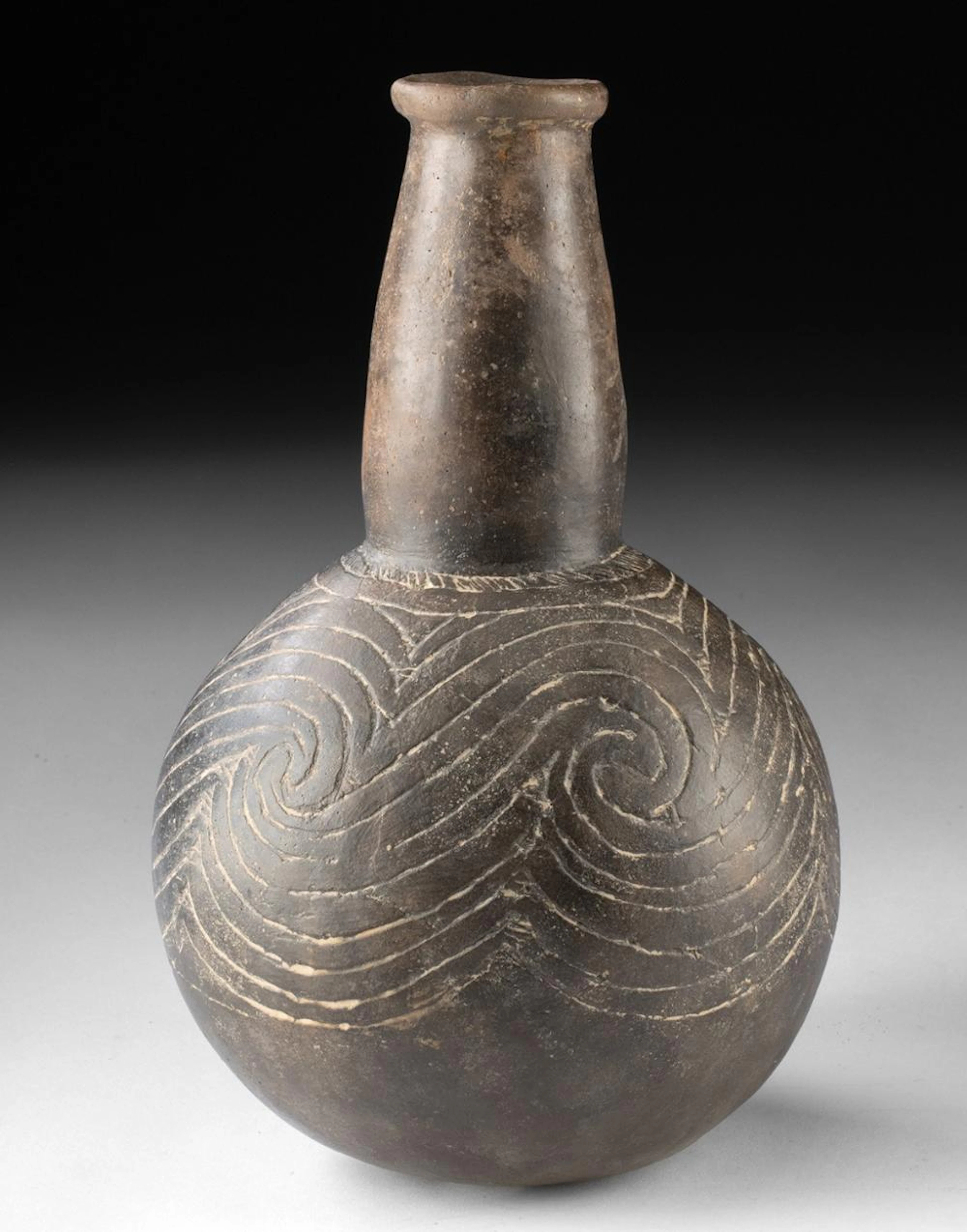Caddo Pottery Water Bottle Gourd Form w/ Spiral Motif