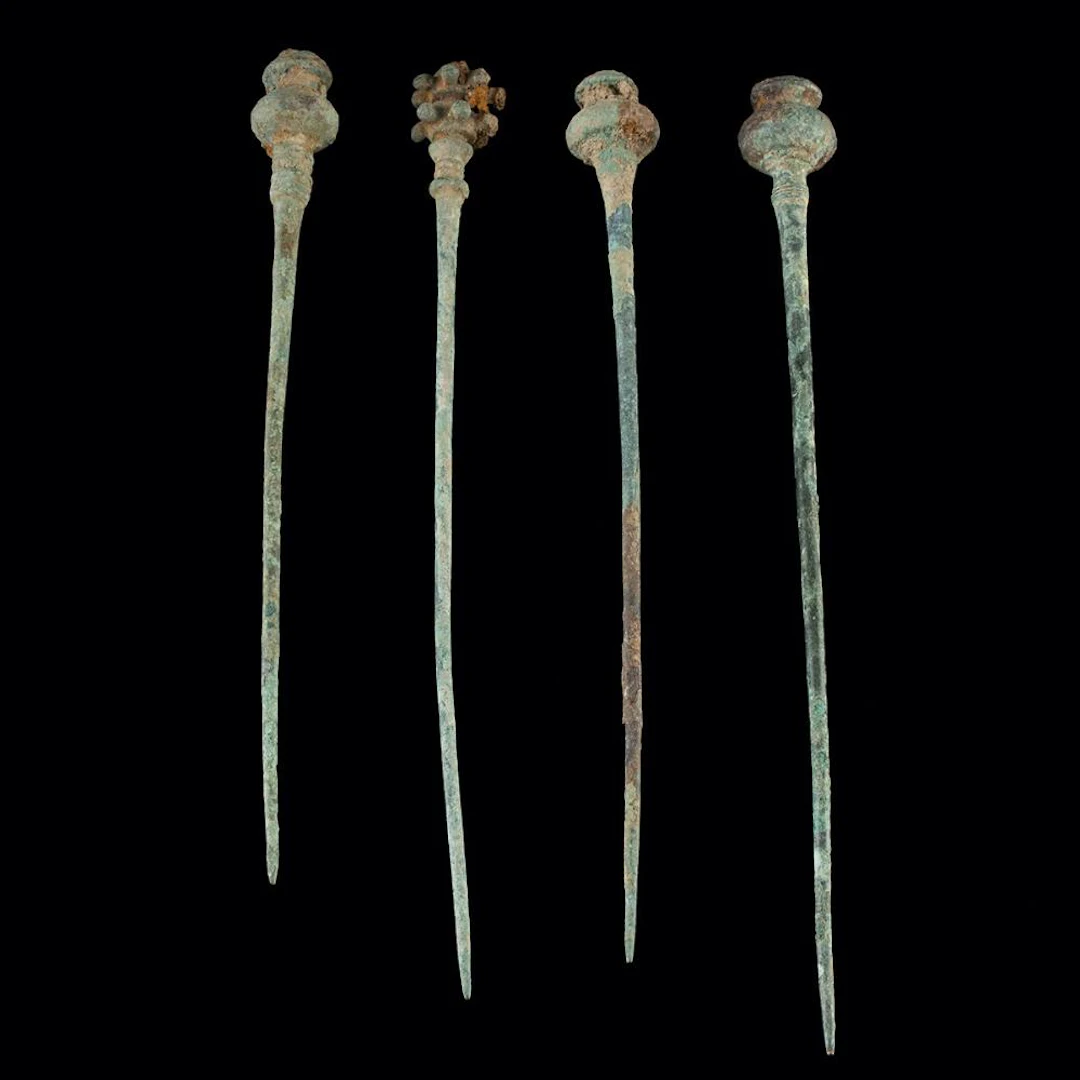 4 Luristan Bronze Garment Pins, Ornamented Heads
