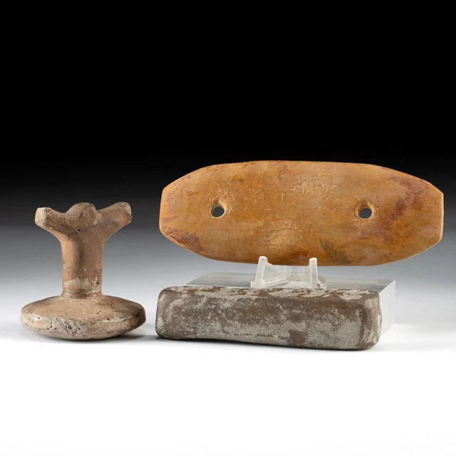 Native American Stone Gorget, Bannerstone Preform & Pottery Trowel Group