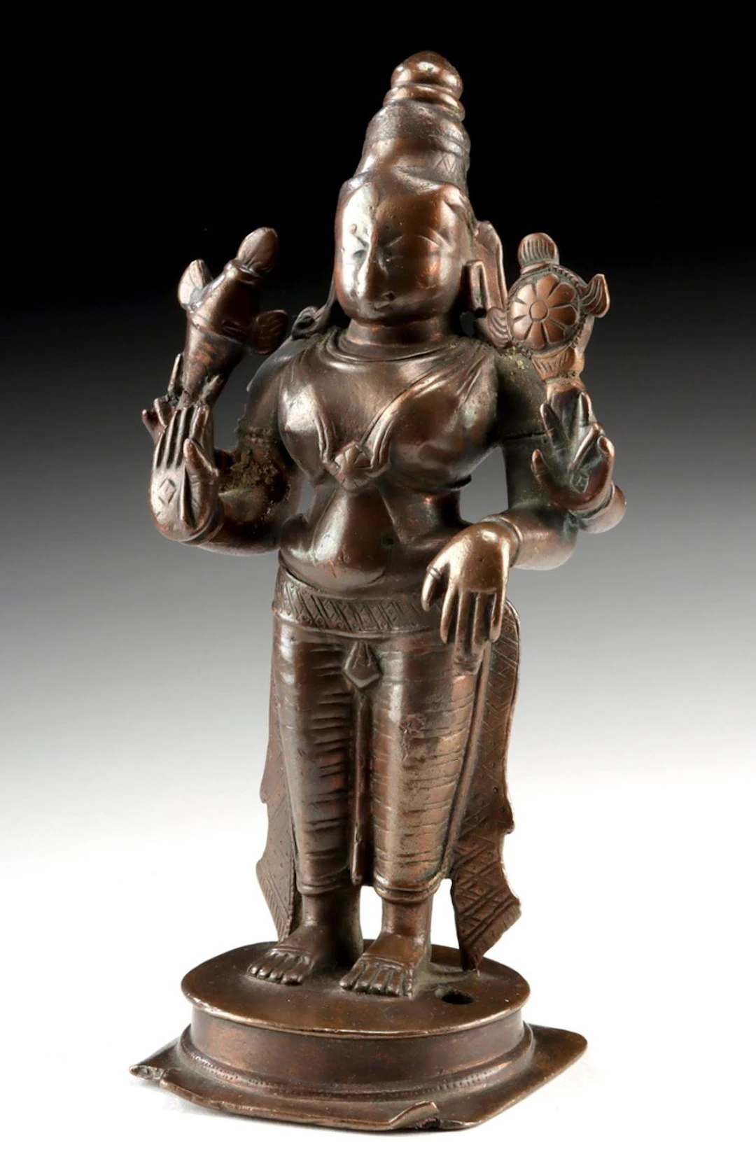 South Indian Copper Vishnu Murti | Four-Armed with Chakra and Conch, Tamil Nadu