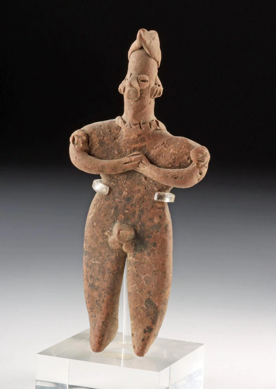 Colima Pottery Male Figure, Headdress & Jewelry, West Mexico