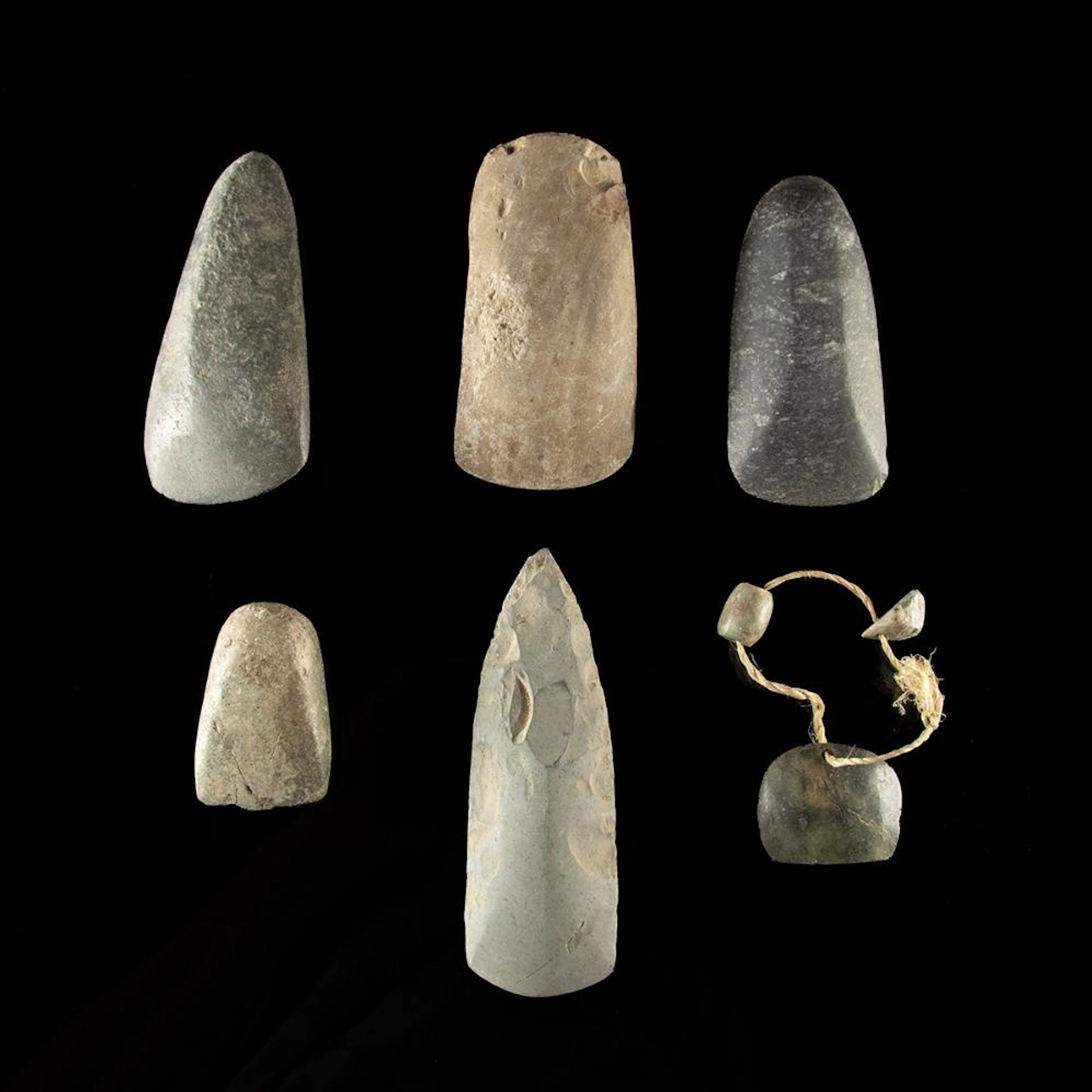 Maya Stone Celts & Bead Group - Five Polished & Axe Blades