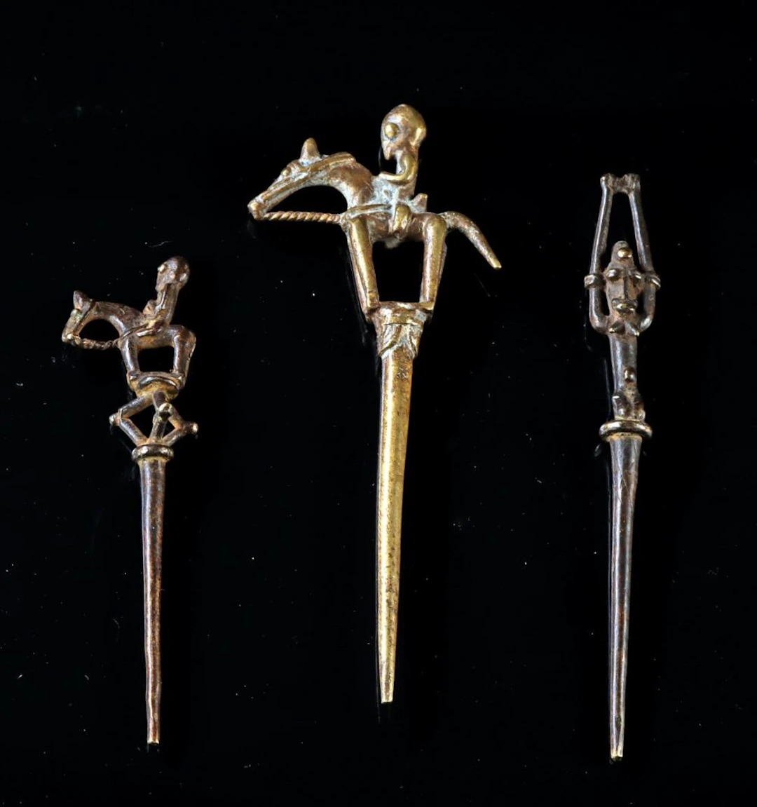 3 African Dogon Brass Hair Pins, Horse Riders & Woman