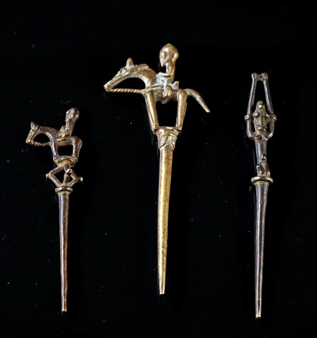 3 African Dogon Brass Hair Pins, Horse Riders & Woman