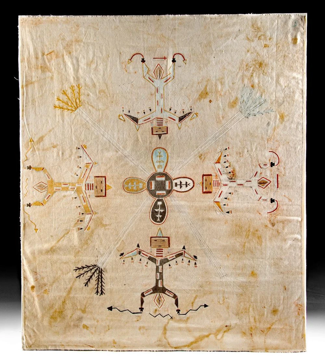 Navajo Sandpainting Design Print on Muslin, Thunderbirds & Corn