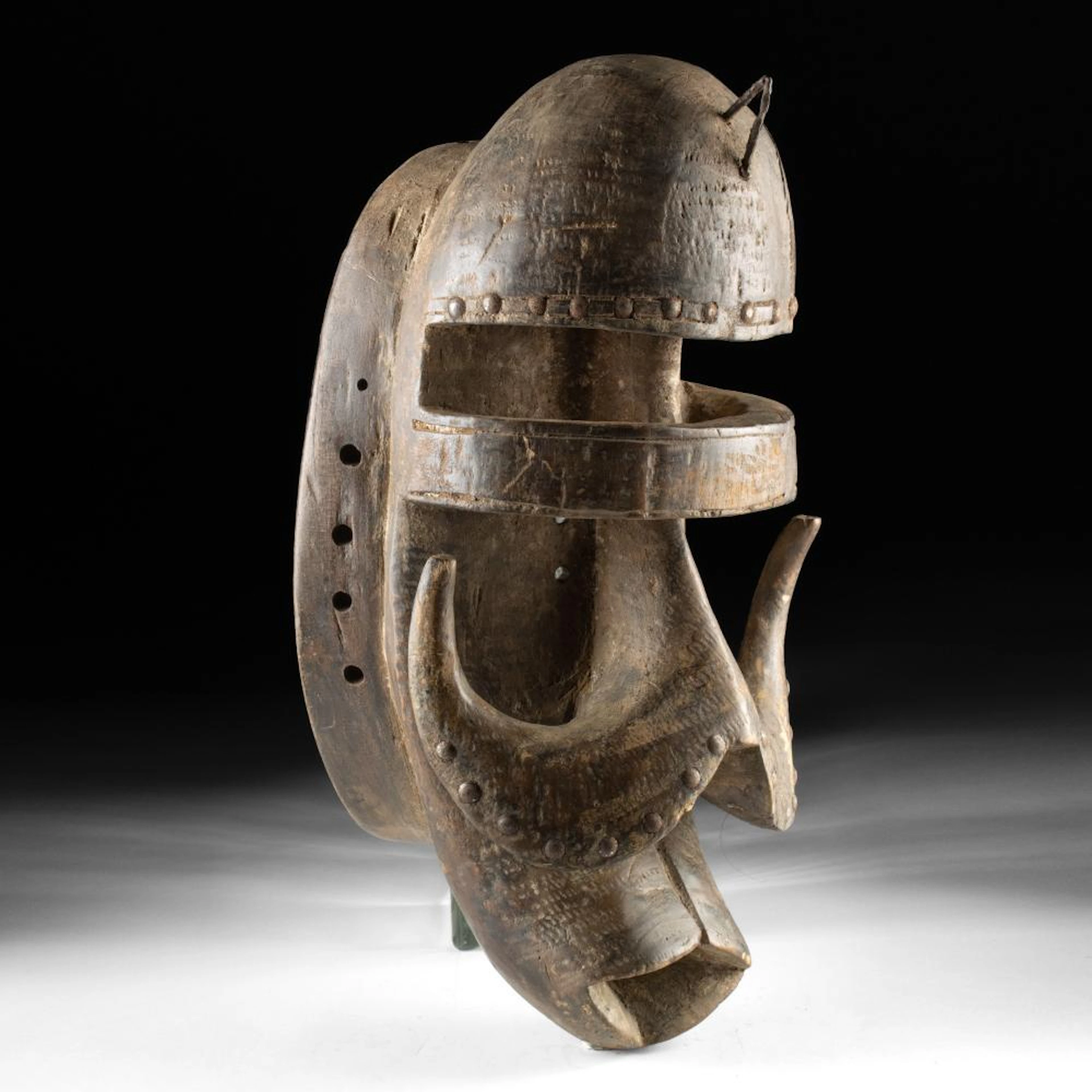 Bete Carved Wood Ngre Mask with Horns and Metal Tacks