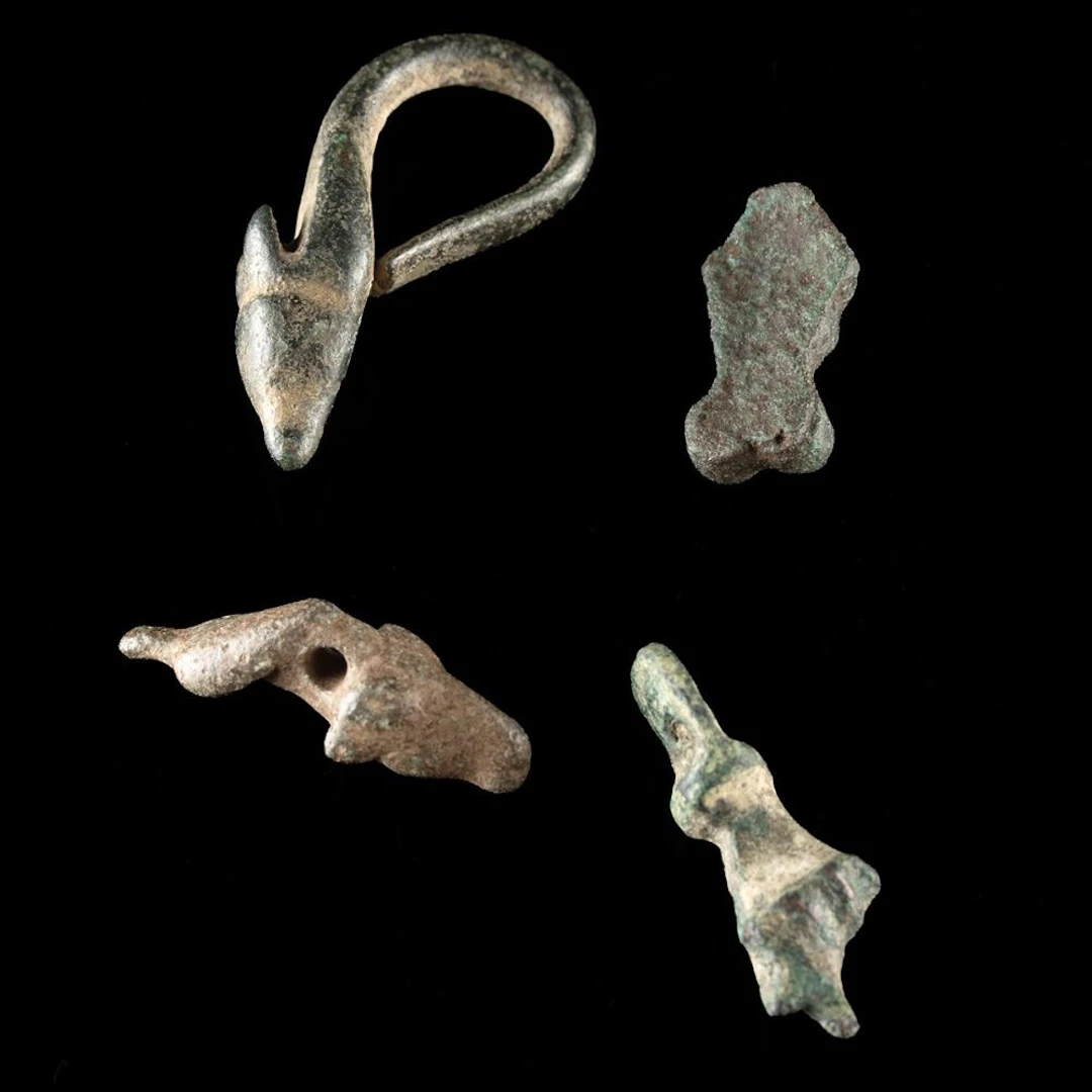 Roman Bronze Fascinum and Sabazios Hand Amulets + Egyptian Faience Charm