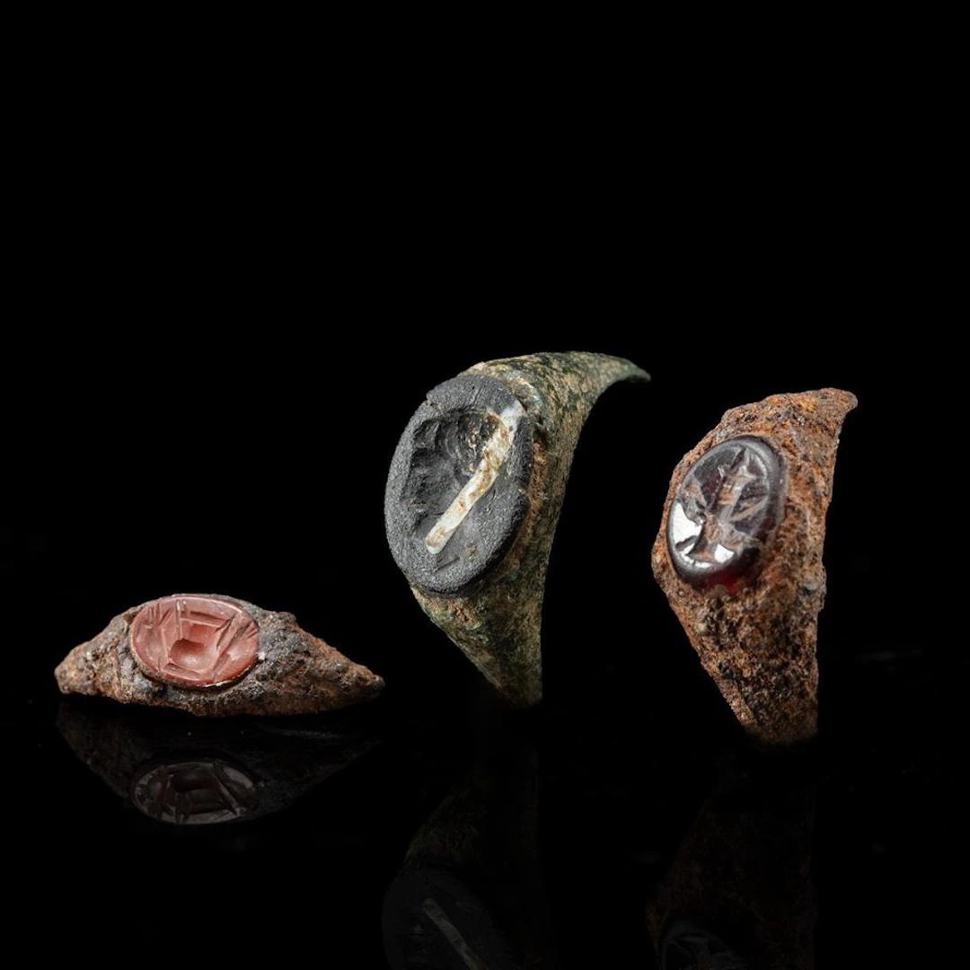 3 Roman Jasper, Carnelian, & Agate Intaglios in Ring Fragments