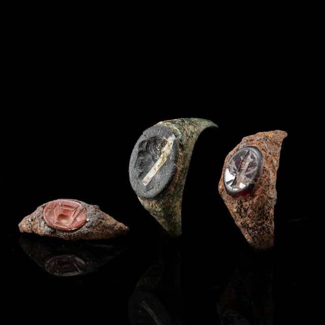 3 Roman Jasper, Carnelian, & Agate Intaglios in Ring Fragments