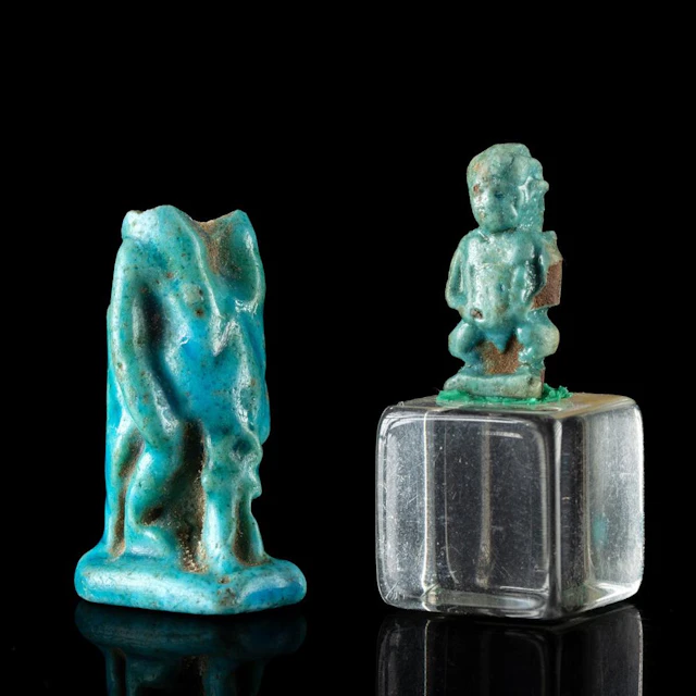 Two Egyptian Late Period Faience Amulets - Taweret & Pataikos