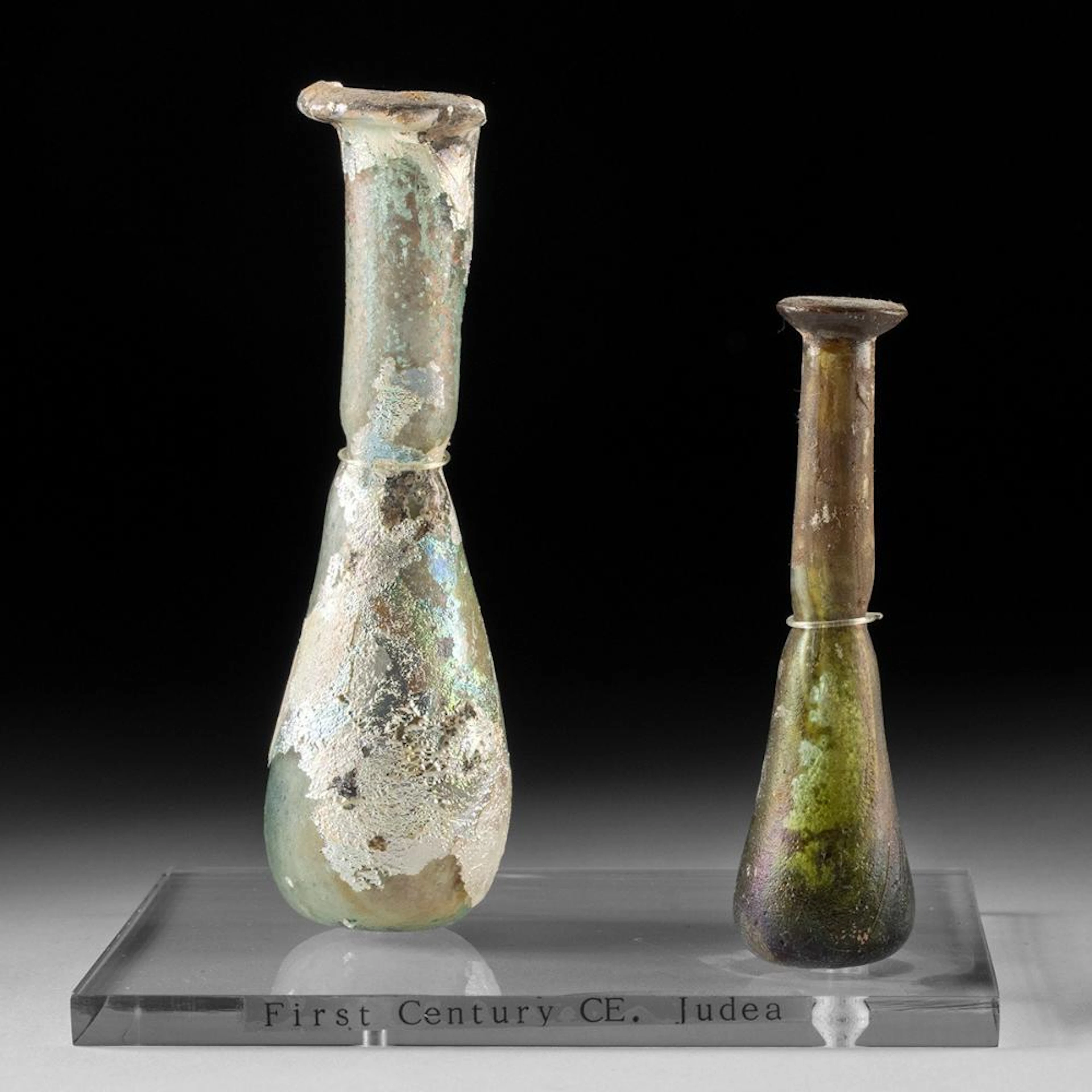2 Holy Land Roman Glass Perfume Bottles, Piriform Unguentaria