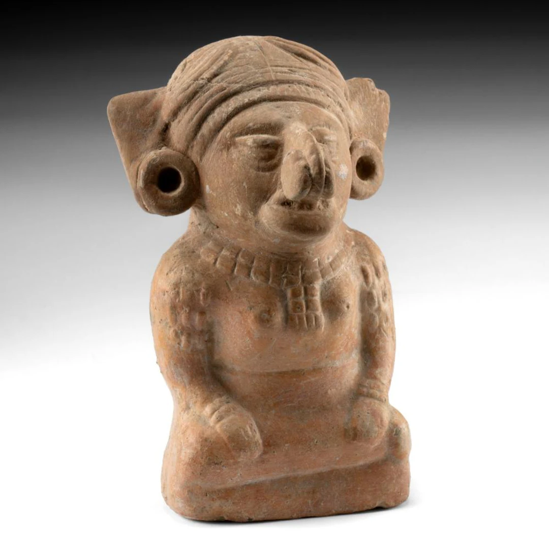 Maya Mold-Made Seated Pottery Woman Figure with Ear Spools