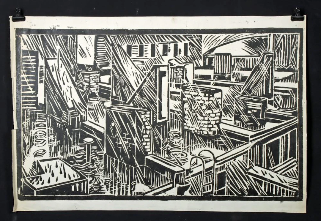 Edith Kramer Woodblock - New York City Rooftops (1947)
