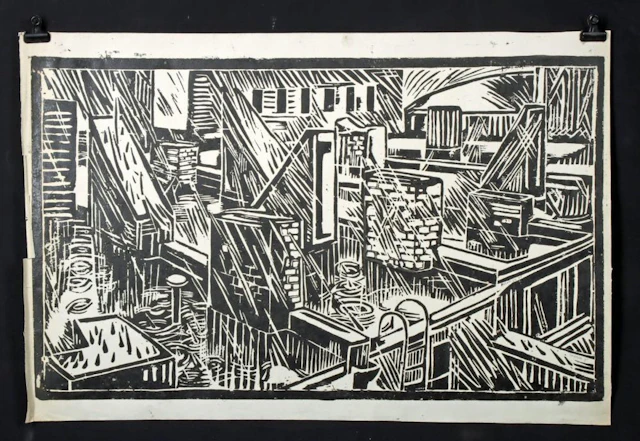 Edith Kramer Woodblock - New York City Rooftops (1947)
