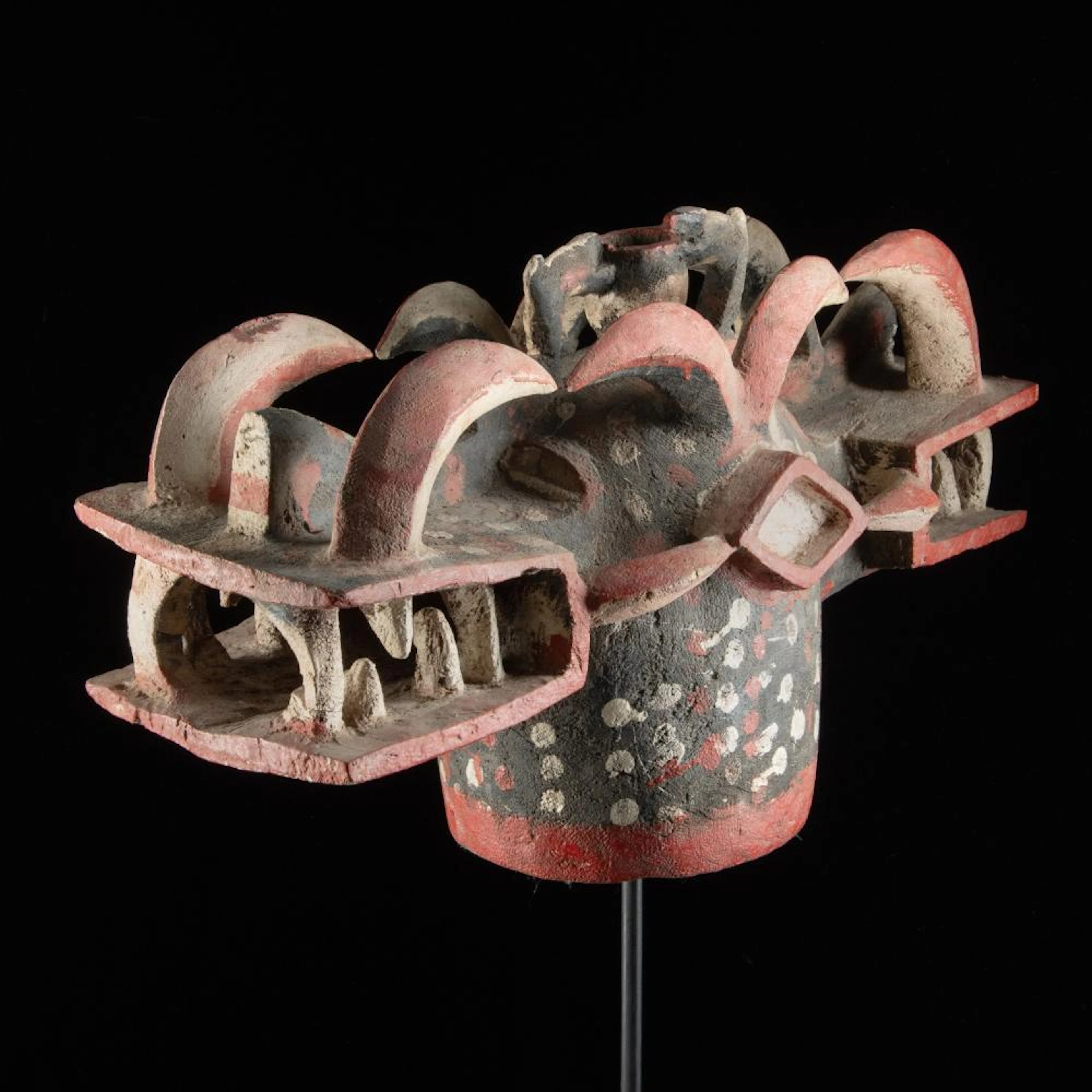 African Senufo Wanyugo Helmet Mask, Painted Wood with Horns and Toothed Jaws