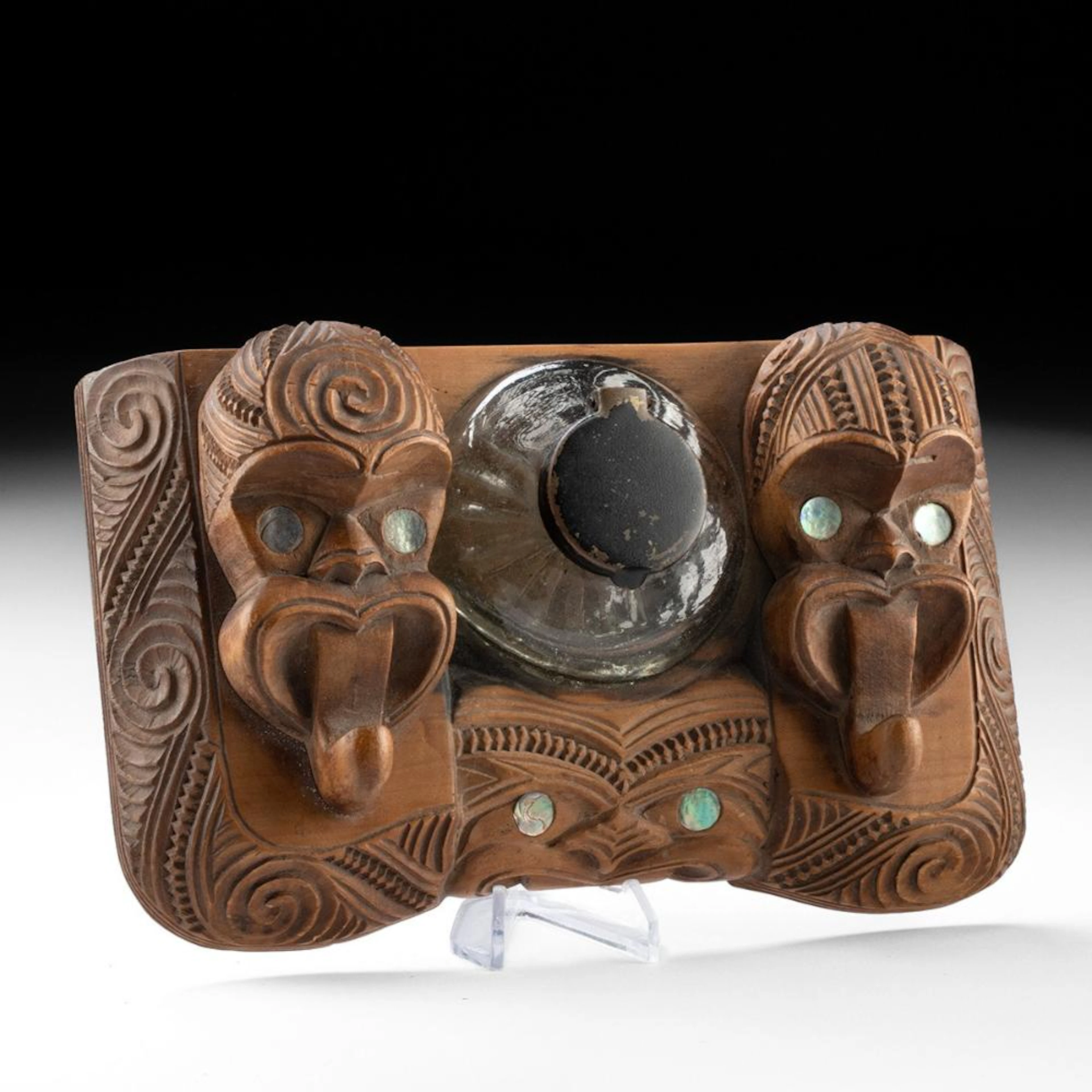 Early 20th C. Maori Carved Wood Inkwell with Paua Shell Eyes