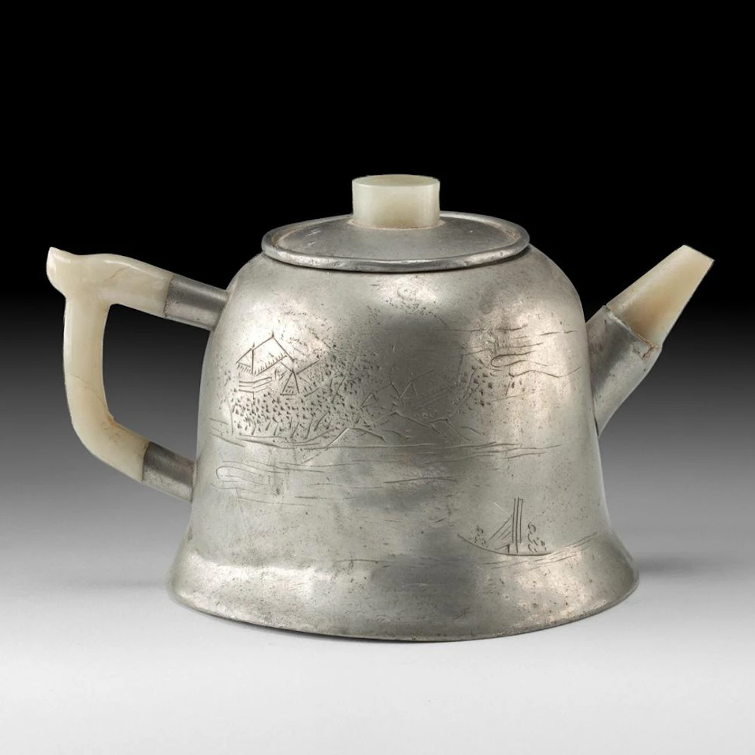 19th C. Chinese Qing Dynasty Pewter & Greenstone Teapot