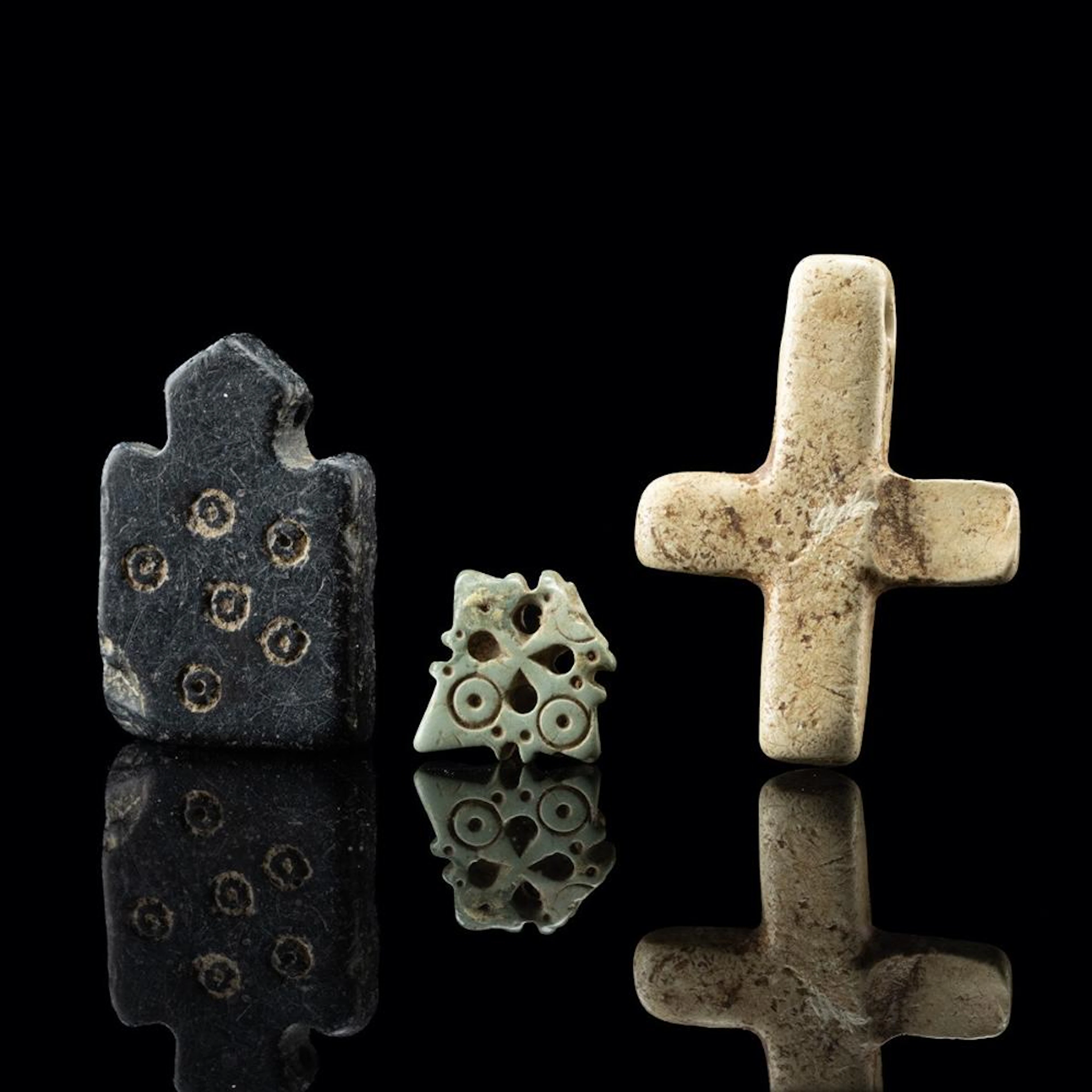 Byzantine Stone Cross + 2 Ringed-Dot Amulet Pendants