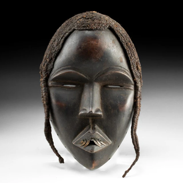 West African Dan Carved Wood Face Mask, Slit Eyes, Hair Braids, Initiation