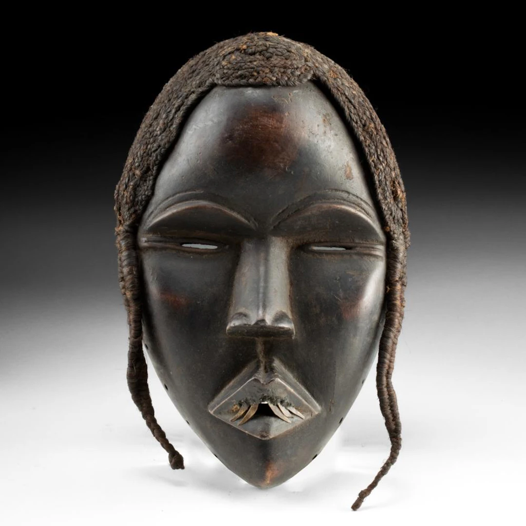West African Dan Carved Wood Face Mask, Slit Eyes, Hair Braids, Initiation
