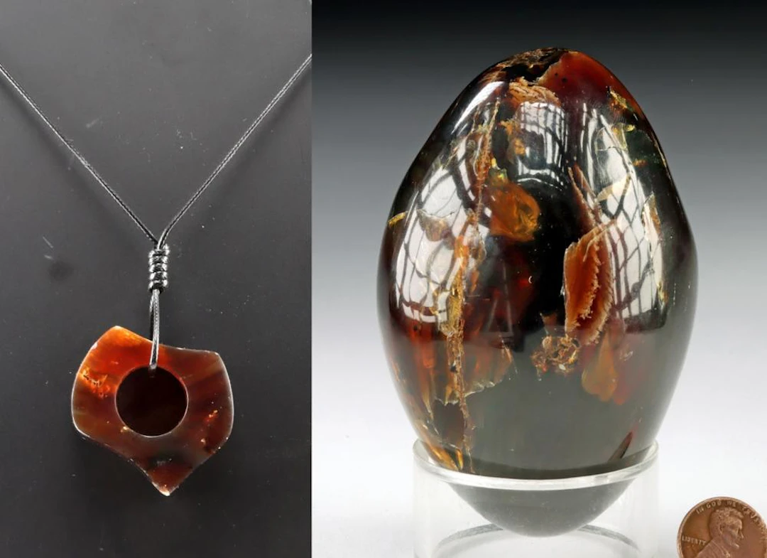 Sumatran Amber Pendant Necklace & Lingam Shaped Piece