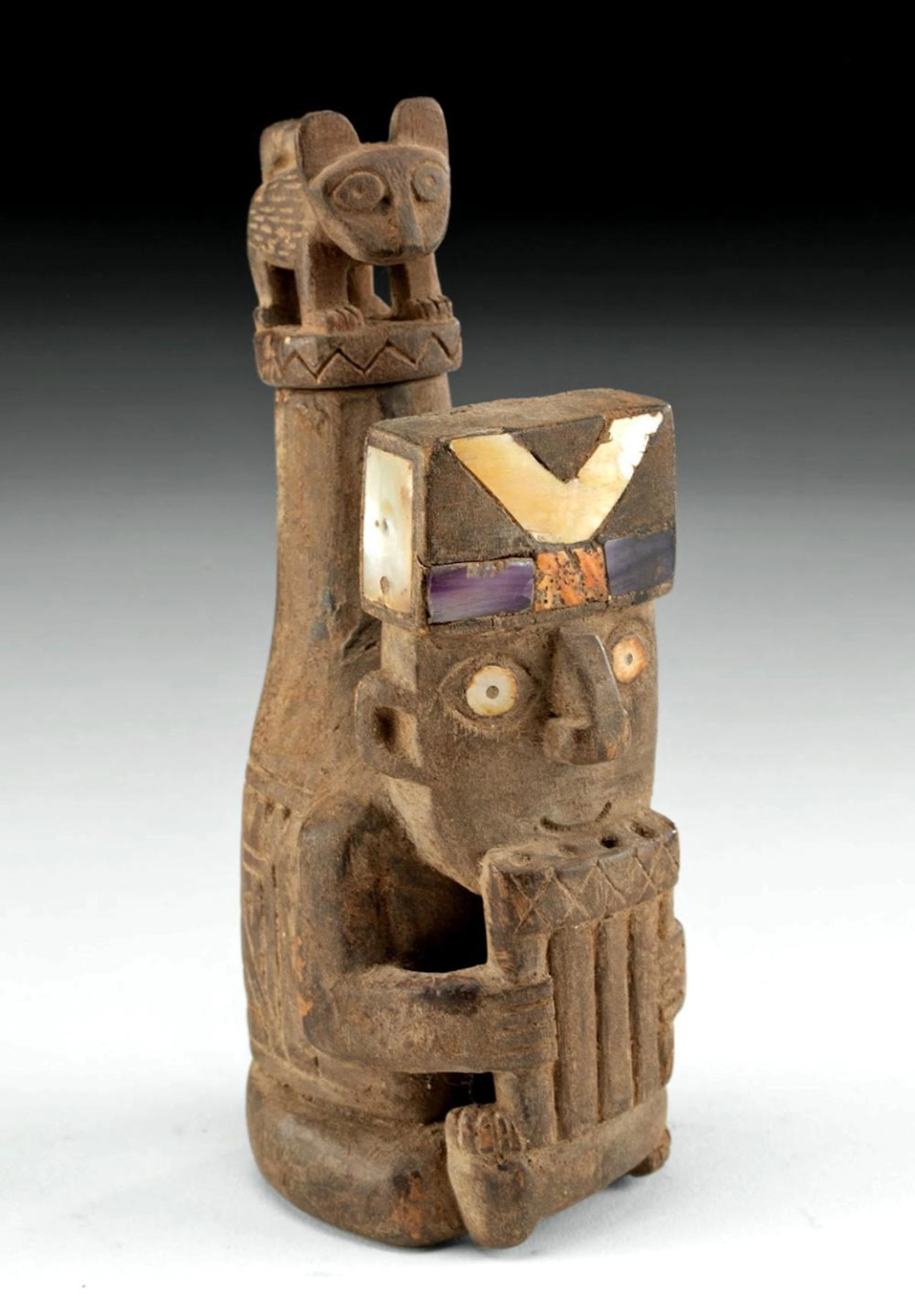 Moche Carved Wood Lime Container, Panpipe Player with Jaguar Lid