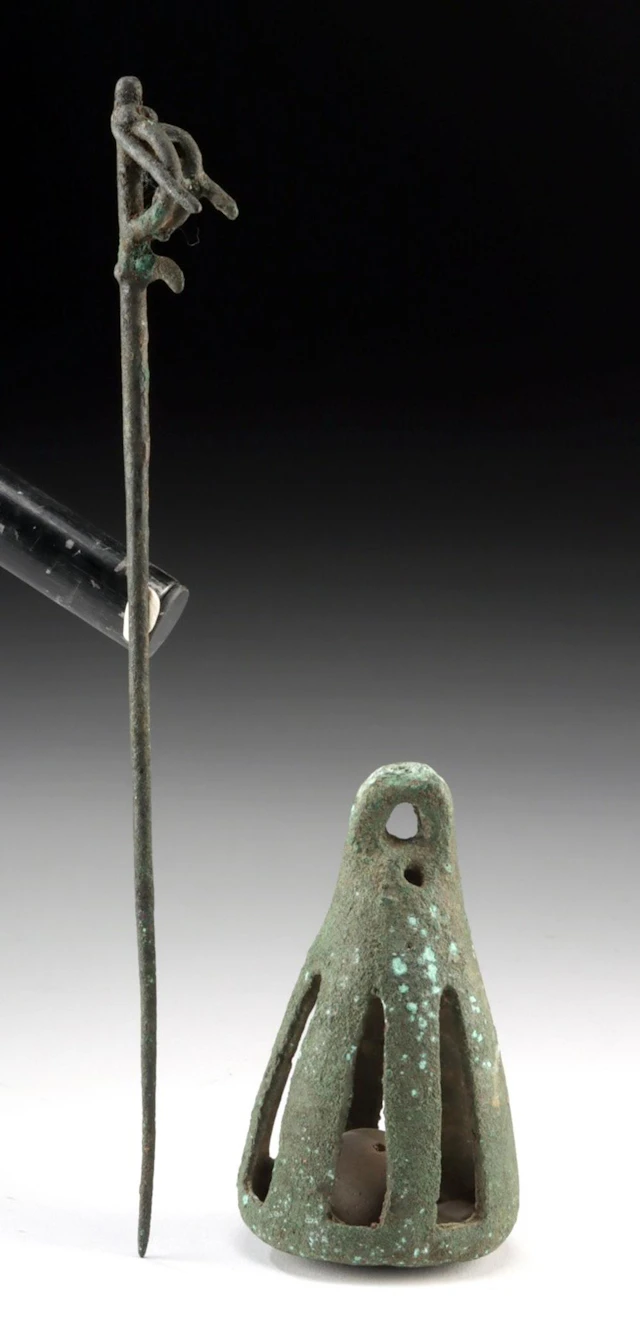 Luristan Iron Age Bronze Cloak Pin & Bell