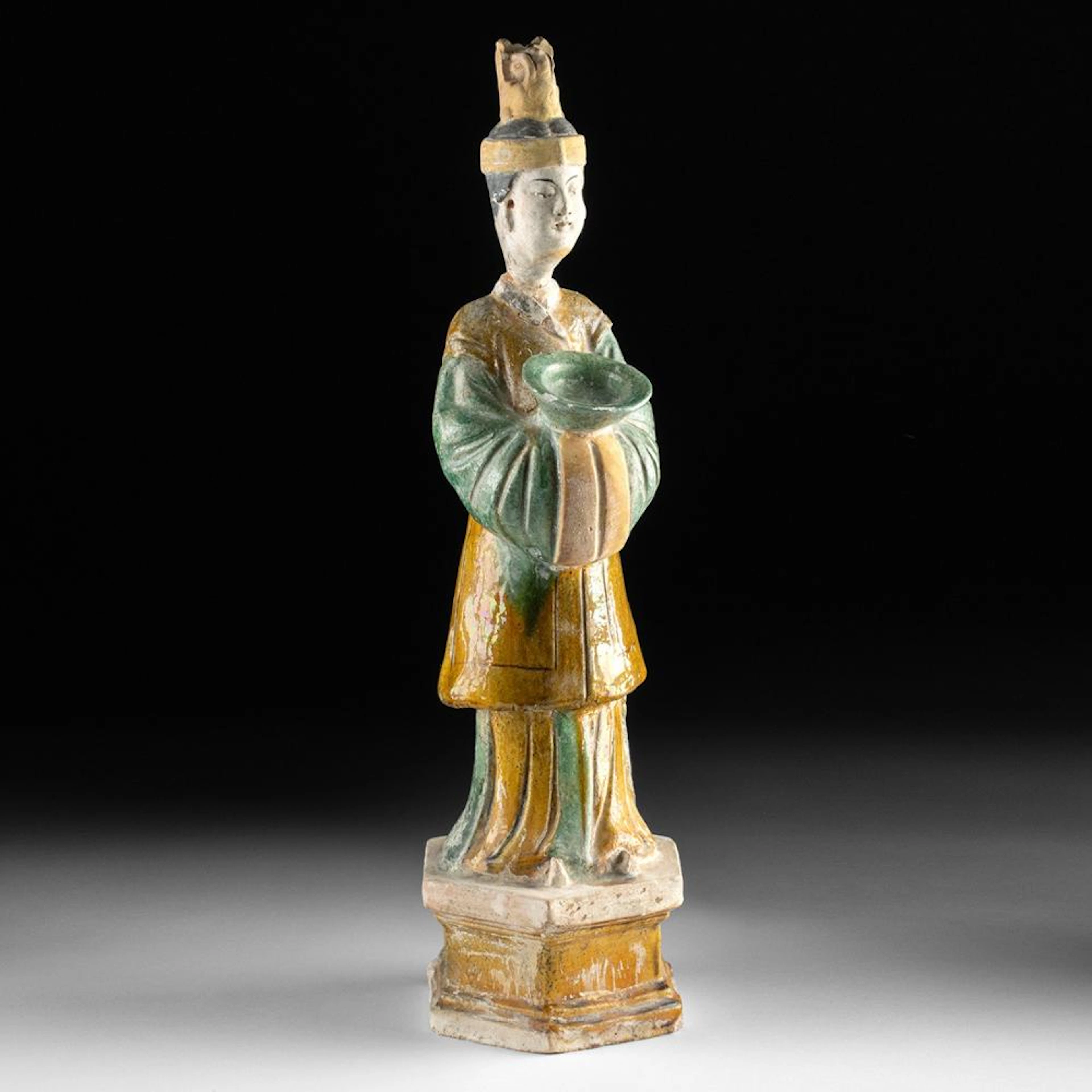 Chinese Ming Sancai Ceramic Funerary Mingqi w/ Offering Bowl