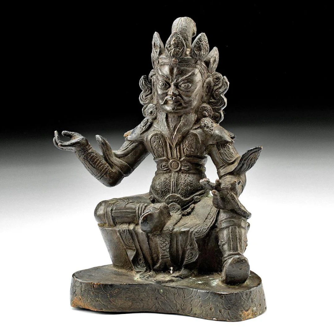 Tibetan Copper Wrathful Armored Protector Deity Holding Serpent, Dharmapala