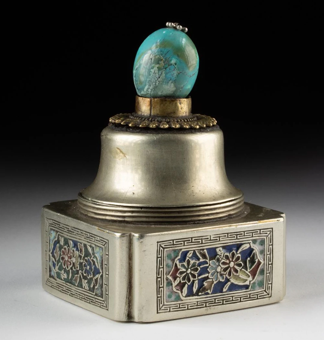 Ornate Chinese Enamel Inlaid Nickel-Brass Inkwell