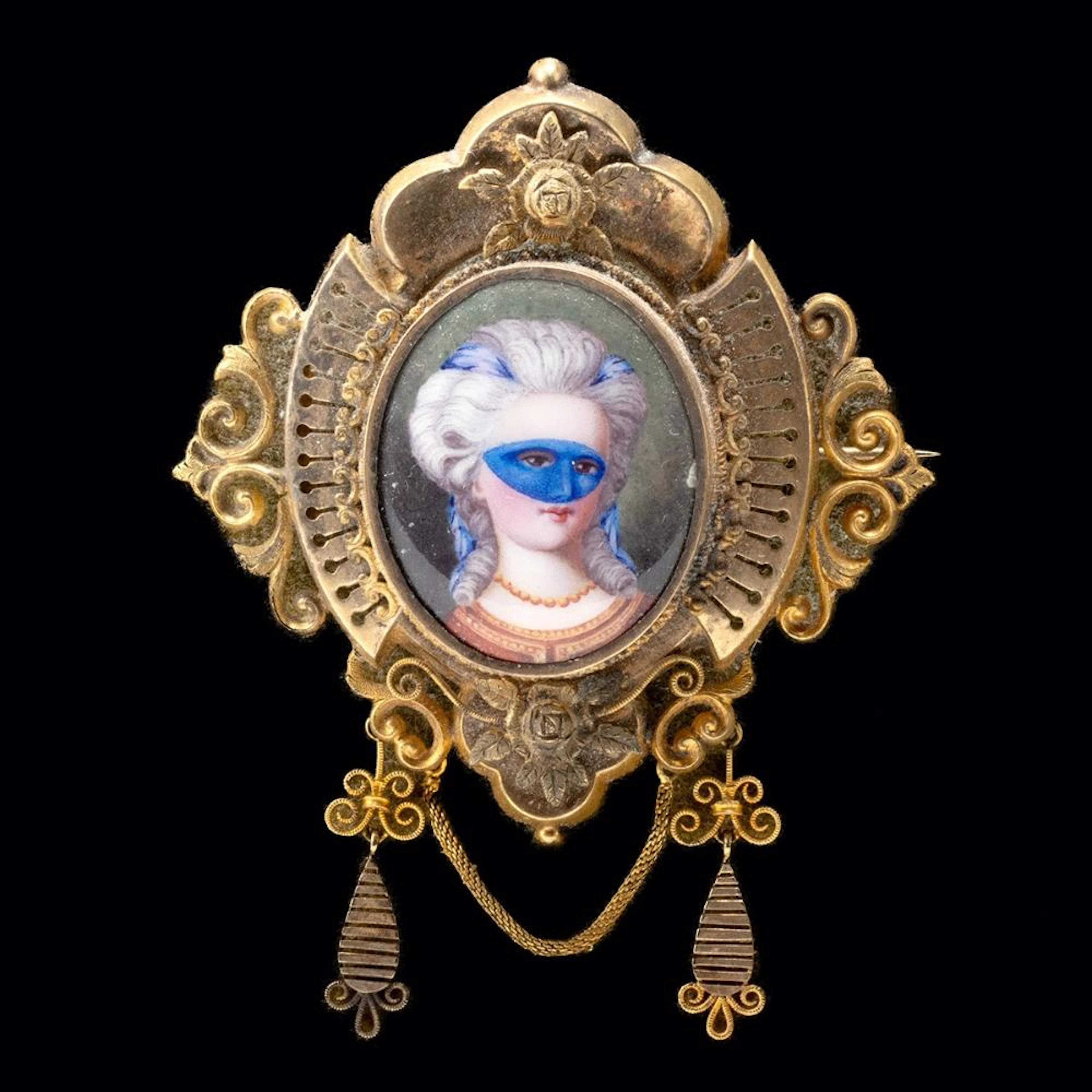 19th C. French 19k Gold Brooch with Enamel Portrait of a Masked Lady