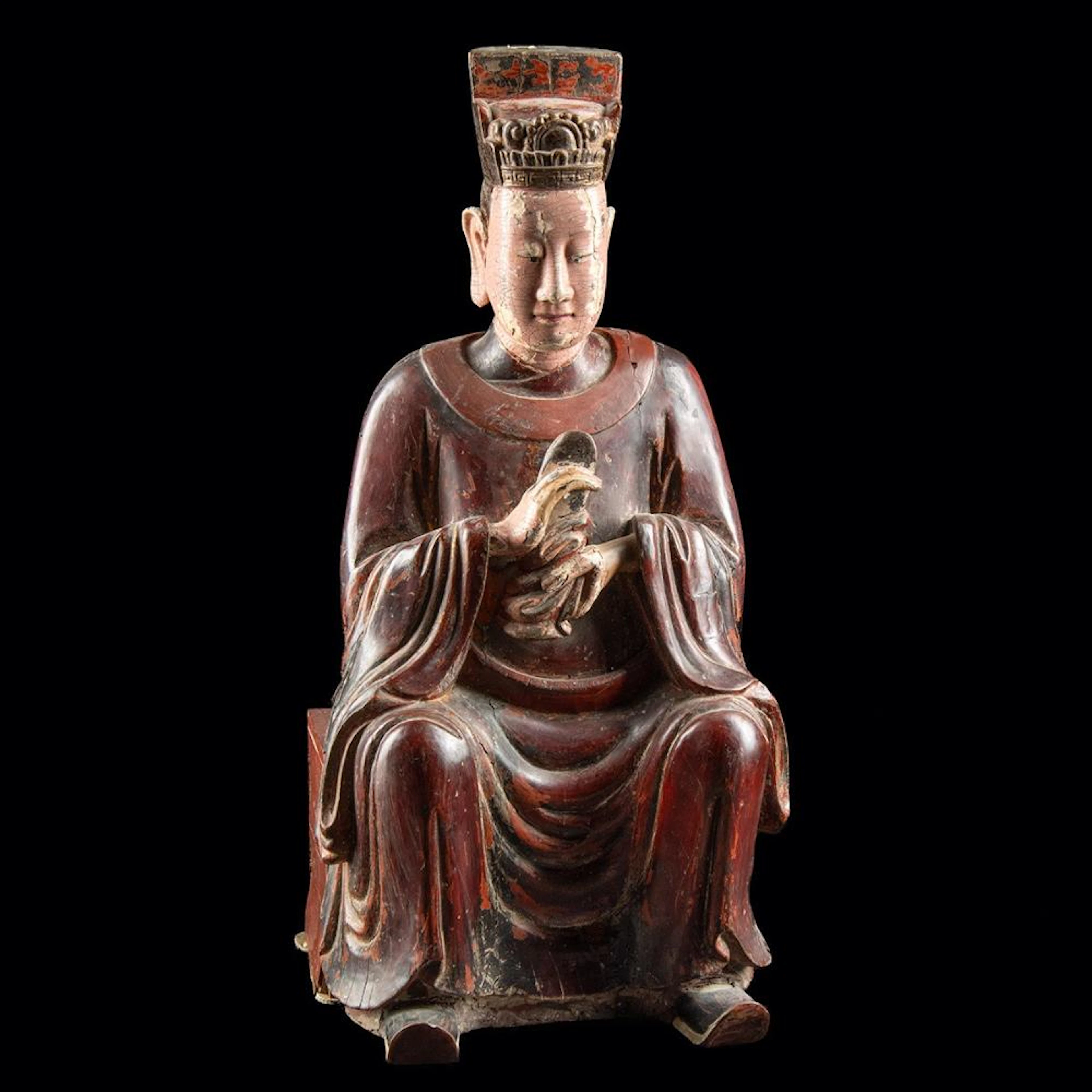 18th C. Chinese Wood Daoist Deity Figure, Oxblood Lacquer