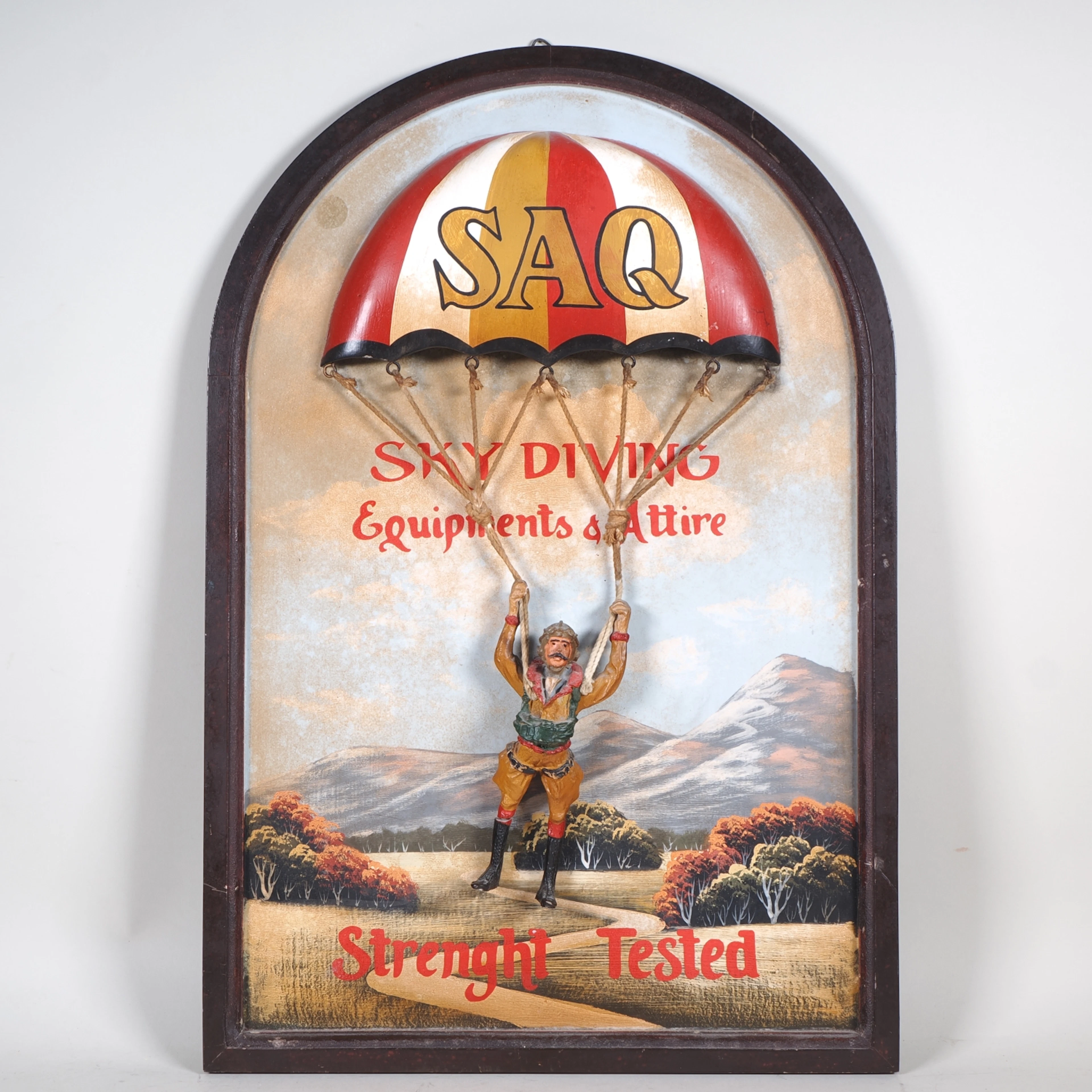 Los 2421: Werbeschild SAQ Sky Diving Equipments & Attire, Mitte 20. Jh.