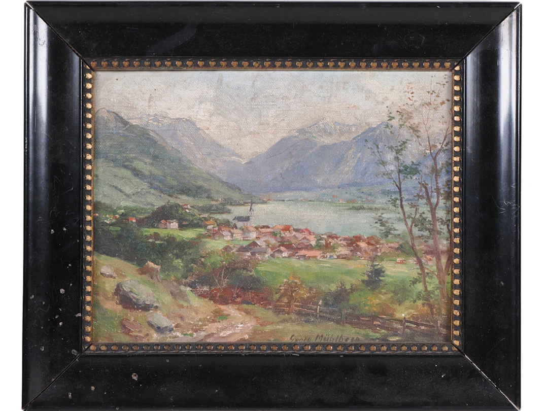 Los 173: Georg Mühlberg Alpenländische Dorfansicht am See Öl auf Leinwand